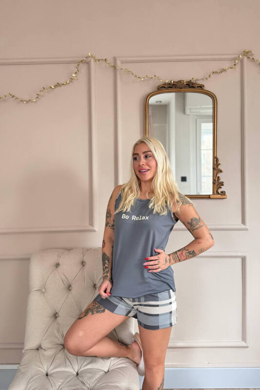 Antrasit Relax Desenli Bambu Sıfır Kol Şortlu Kadın Pijama Takımı - Pijamaevi (2)