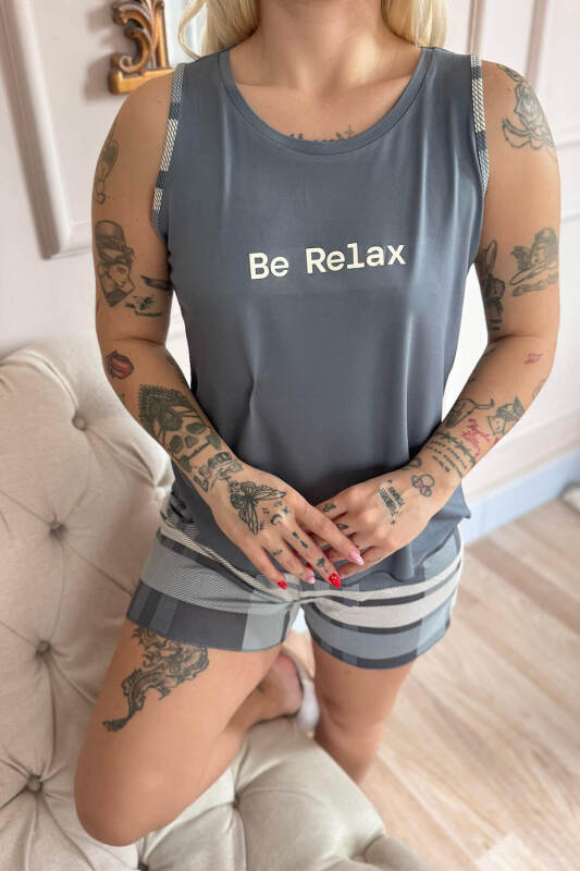 Antrasit Relax Desenli Bambu Sıfır Kol Şortlu Kadın Pijama Takımı - Pijamaevi (3)