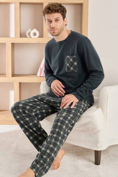 Antrasit Siyah Ekose Desenli Elegant Erkek Pijama Takımı 