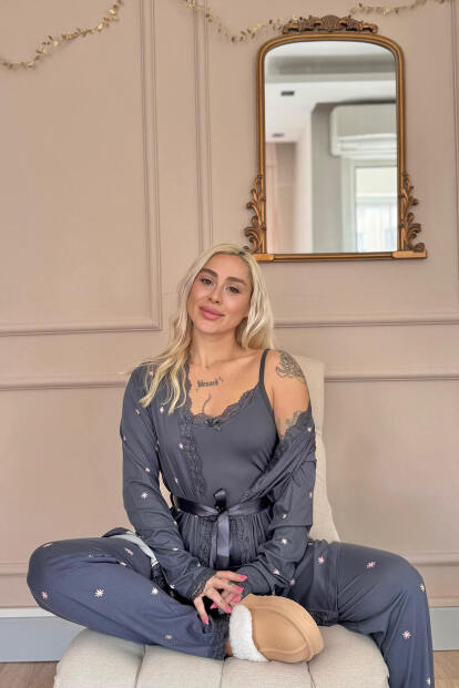 Antrasit Sunlit Desenli Bambu Sabahlıklı Kadın Pijama Takımı - 3