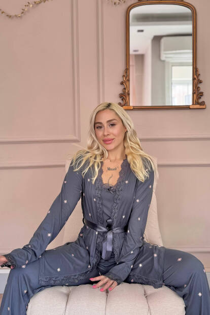 Antrasit Sunlit Desenli Bambu Sabahlıklı Kadın Pijama Takımı - 4