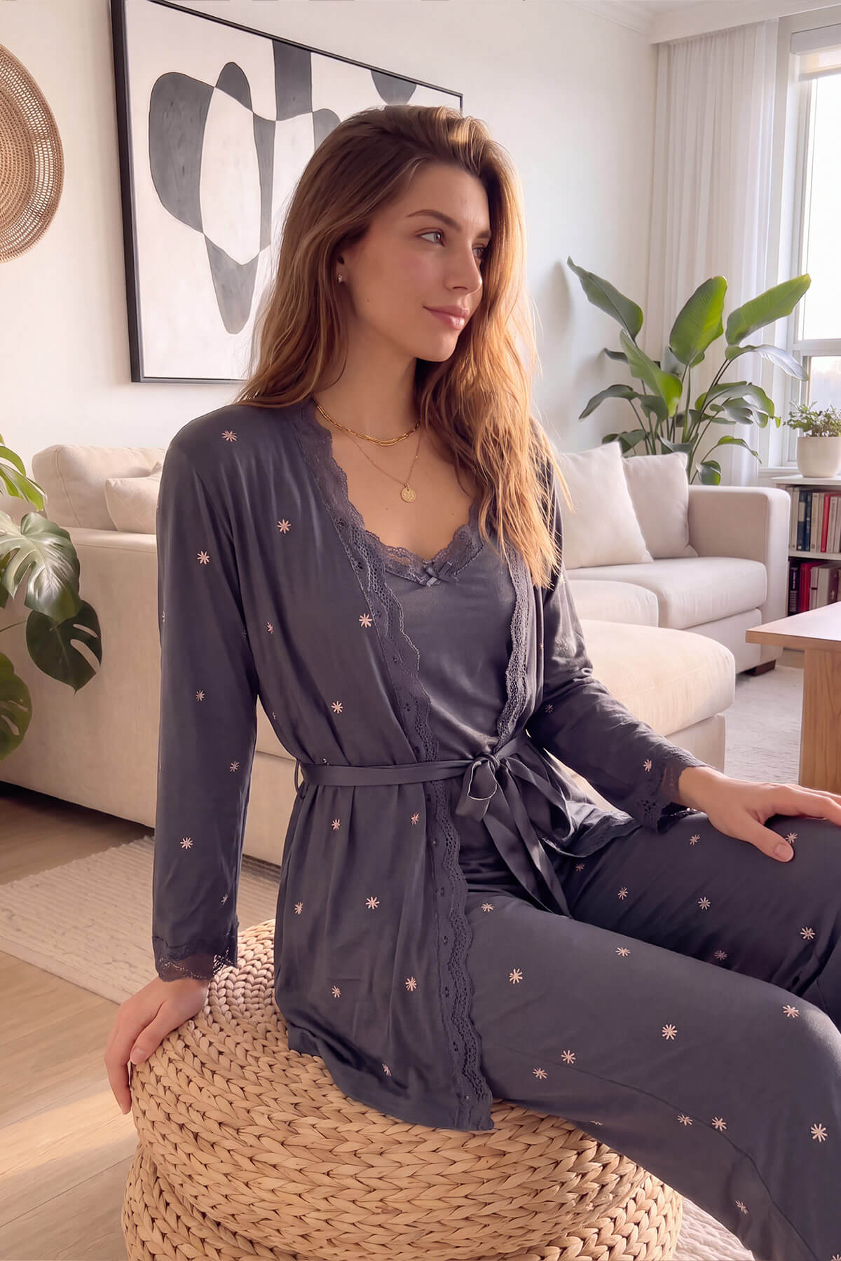 Antrasit Sunlit Desenli Bambu Sabahlıklı Kadın Pijama Takımı - Pijamaevi (1)