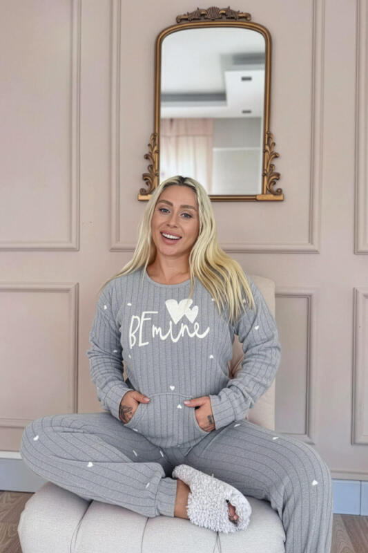 Antrsait Be Mine Desenli Kanguru Cepli Peluş Polar Pijama Takımı - Pijamaevi (2)