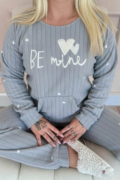 Antrsait Be Mine Desenli Kanguru Cepli Peluş Polar Pijama Takımı - 5