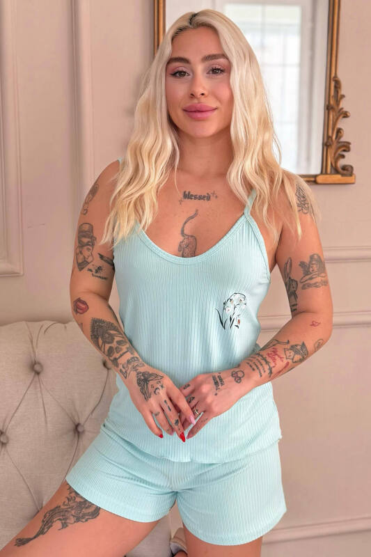 Aqua Belle Fleur Desenli Örme Ip Askı Şortlu Kadın Pijama Takımı - Pijamaevi