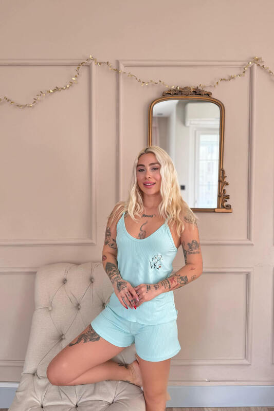 Aqua Belle Fleur Desenli Örme Ip Askı Şortlu Kadın Pijama Takımı - Pijamaevi (1)