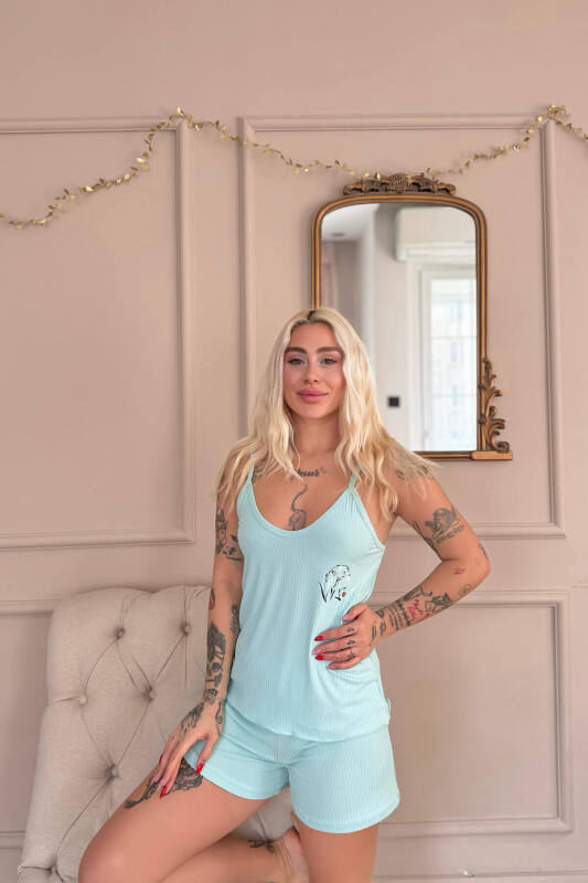 Aqua Belle Fleur Desenli Örme Ip Askı Şortlu Kadın Pijama Takımı - Pijamaevi (3)