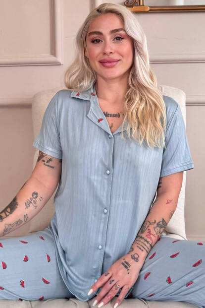 Aqua Melon Bliss Desenli Önden Düğmeli Marlenka Pijama Takımı 