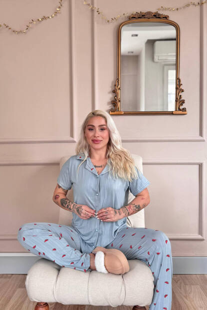 Aqua Melon Bliss Desenli Önden Düğmeli Marlenka Pijama Takımı - 2