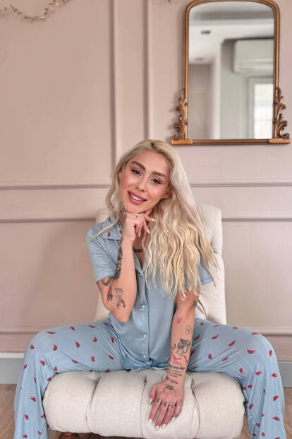 Aqua Melon Bliss Desenli Önden Düğmeli Marlenka Pijama Takımı - 3