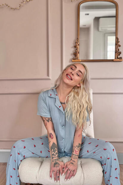 Aqua Melon Bliss Desenli Önden Düğmeli Marlenka Pijama Takımı - 4
