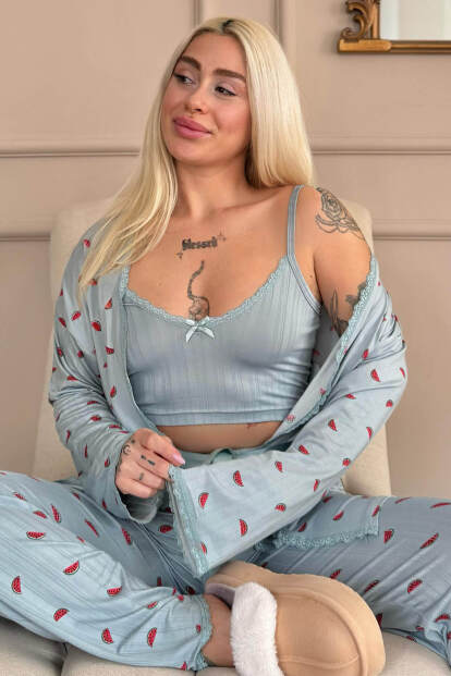 Aqua Melon Bliss Desenli Sabahlıklı Marlenka Pijama Takımı 