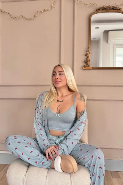 Aqua Melon Bliss Desenli Sabahlıklı Marlenka Pijama Takımı - 3