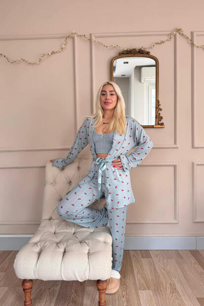 Aqua Melon Bliss Desenli Sabahlıklı Marlenka Pijama Takımı - 6