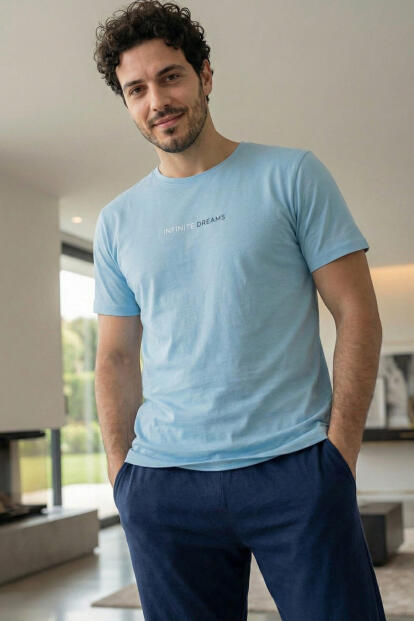 Arctic Blue Dreams Baskılı Kısa Kollu Cotton Erkek Pijama Takımı 