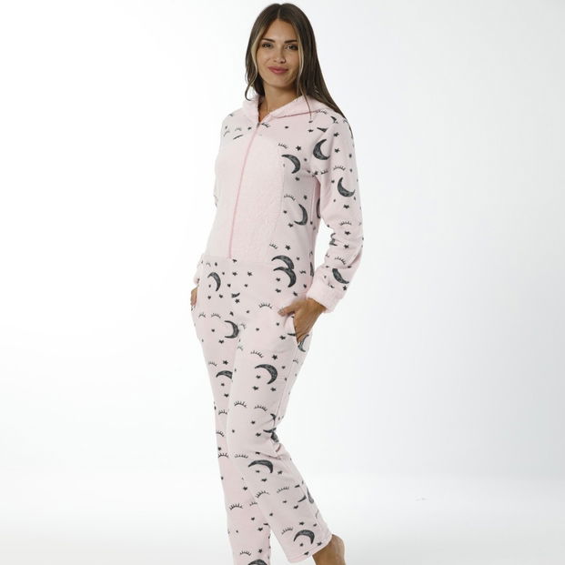 Ay Desenli Kadın Polar Peluş Tulum Pijama Takımı - 1