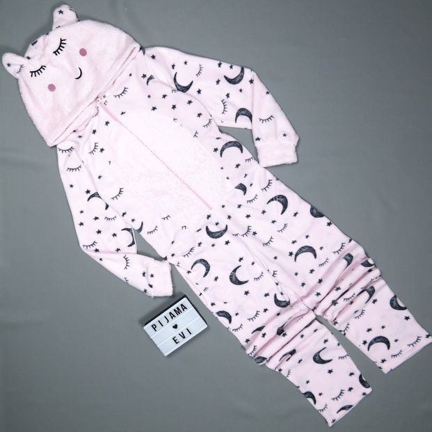 Ay Desenli Kadın Polar Peluş Tulum Pijama Takımı - 3