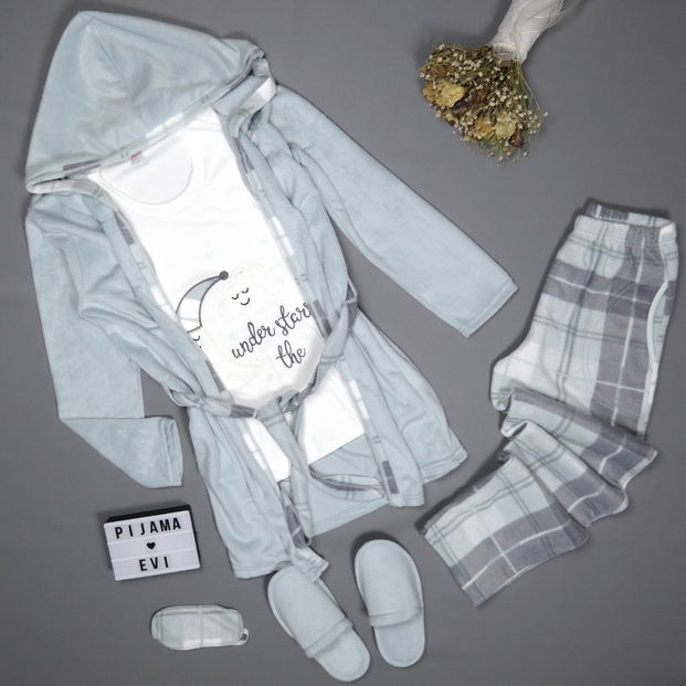 Ay Desenli Sabahlıklı Peluş Pijama Takımı - 3