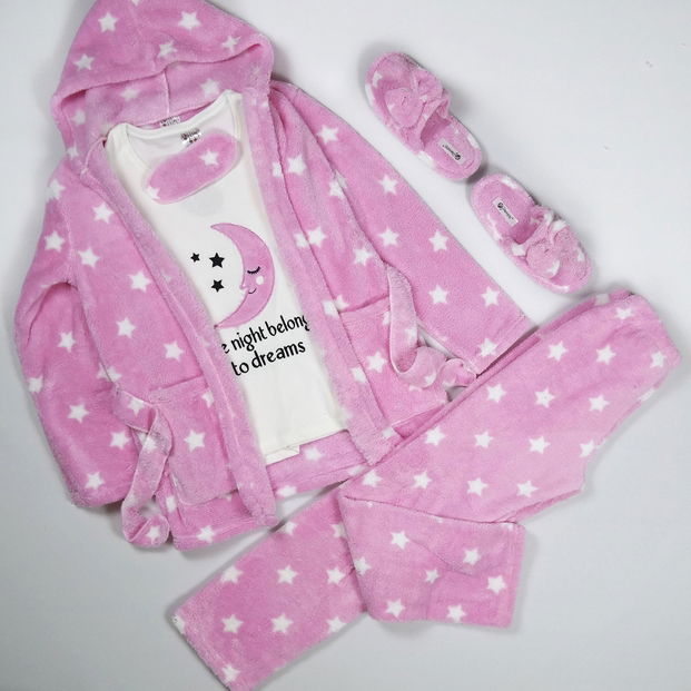 Ay Desenli Sabahlıklı Peluş Pijama Takımı - 3
