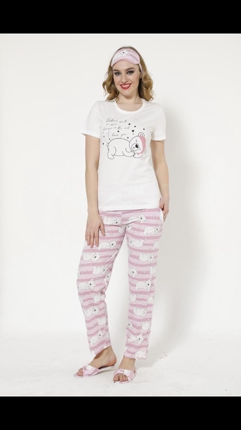 Ayıcık Desenli Kısa Kollu Pijama Takımı - 1