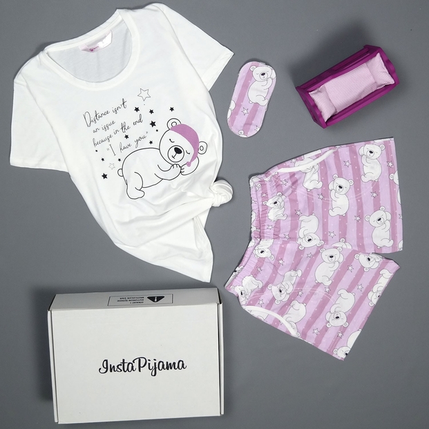 Ayıcık Desenli Şortlu Bayan Pijama Takımı - 2