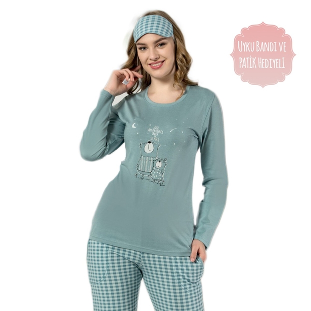 Ayıcık Desenli Uzun Kollu Bayan Pijama Takımı - 1