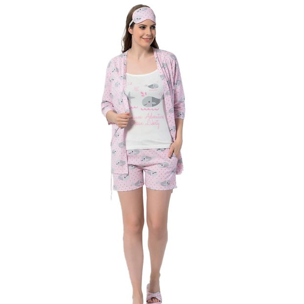 Balık Desenli Şortlu Sabahlıklı Pijama Takımı - 1
