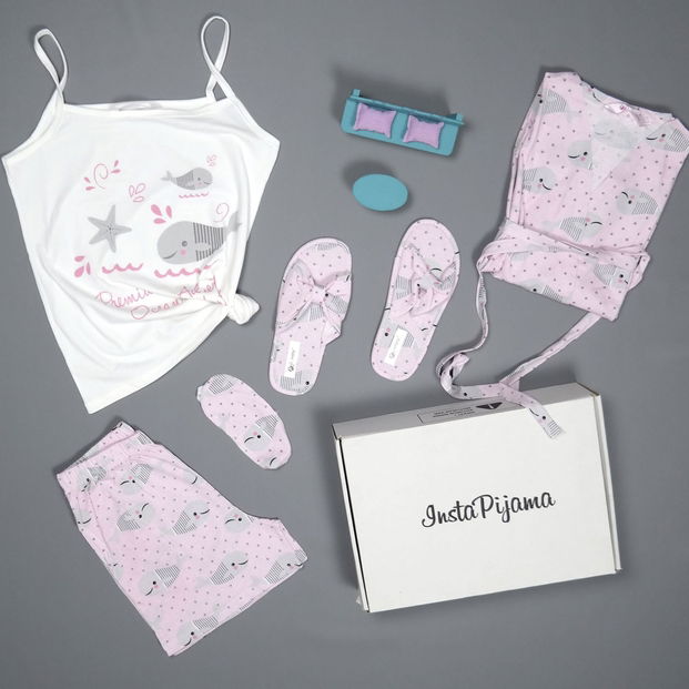 Balık Desenli Şortlu Sabahlıklı Pijama Takımı - 3