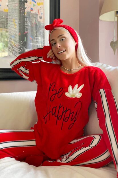 Be Happy Desenli Kadın Peluş Polar Pijama Takımı - 1