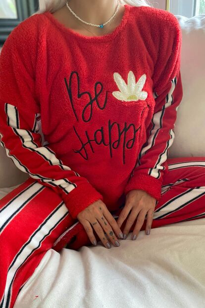 Be Happy Desenli Kadın Peluş Polar Pijama Takımı - 4