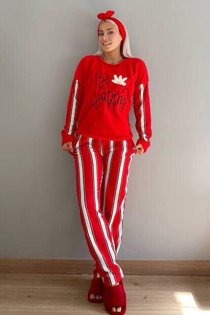 Be Happy Desenli Kadın Peluş Polar Pijama Takımı - 5