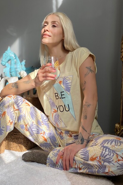 Be You Baskılı Örme Kısa Kol Kadın Pijama Takımı - 1