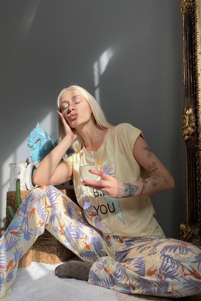 Be You Baskılı Örme Kısa Kol Kadın Pijama Takımı - 3