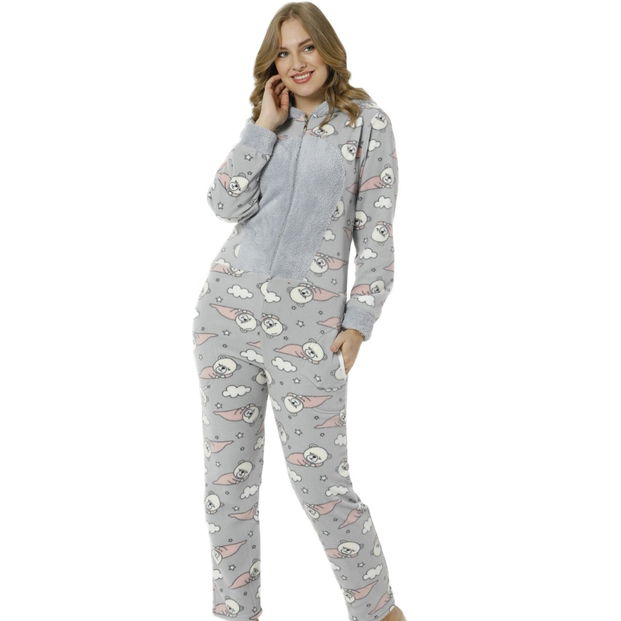 Bear Desenli Kadın Polar Peluş Tulum Pijama Takımı - 2