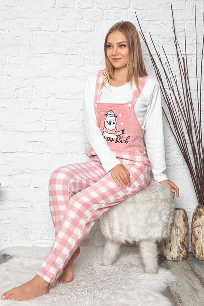 Bear Desenli Kadın Polar Peluş Tulum Pijama Takımı - 2