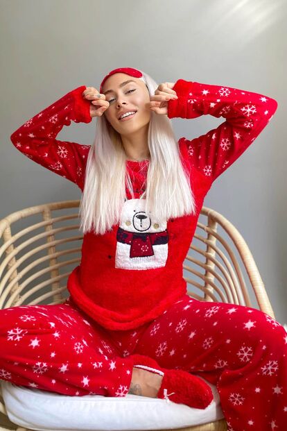 Bear Winter Desenli Kadın Peluş Pijama Takımı - 1