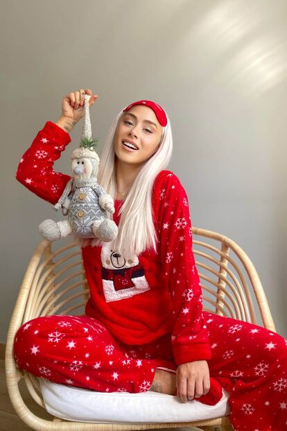 Bear Winter Desenli Kadın Peluş Pijama Takımı - 2