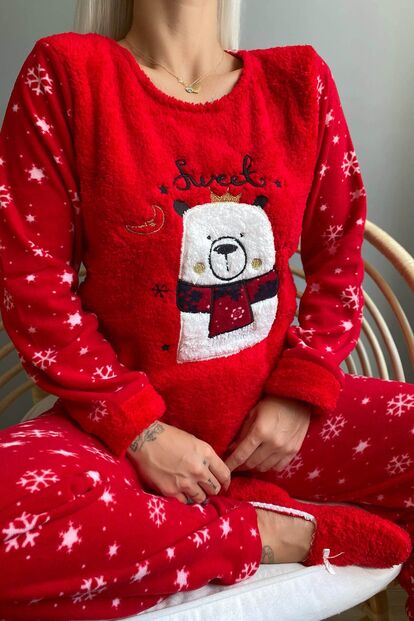 Bear Winter Desenli Kadın Peluş Pijama Takımı - 3