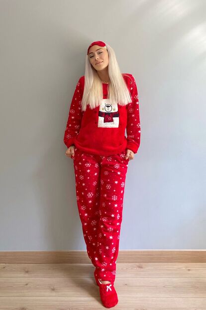 Bear Winter Desenli Kadın Peluş Pijama Takımı - 4
