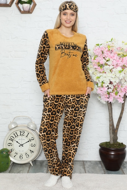 Beats Leopar Desenli Kadın Peluş Pijama Takımı - 2
