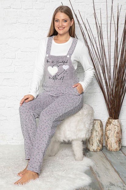 Beautiful Desenli Kadın Polar Peluş Tulum Pijama Takımı - 2