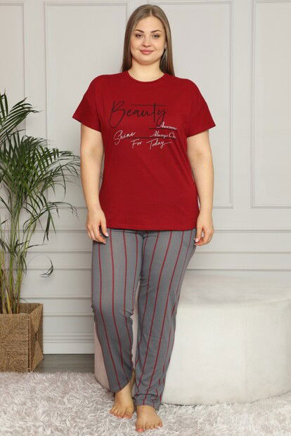 Beauty Baskılı Kısa Kol Büyük Beden Battal Pijama Takımı - 2