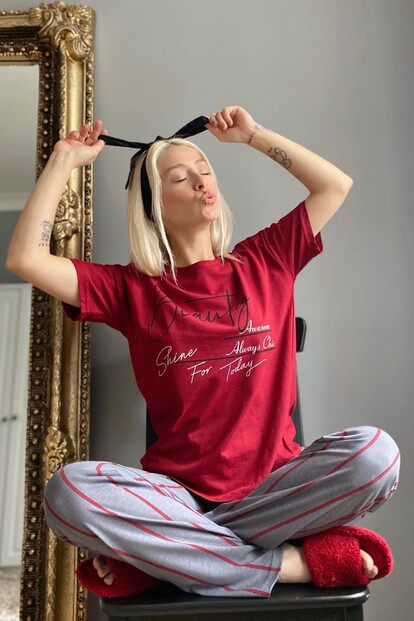 Beauty Baskılı Kısa Kollu Kadın Pijama Takımı - 1
