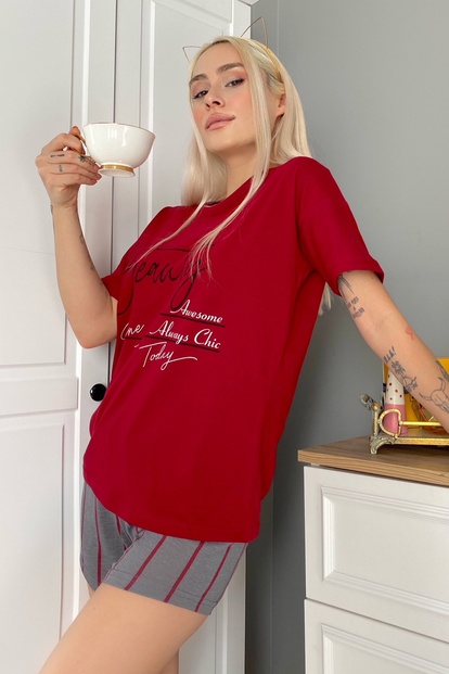 Beauty Baskılı Şortlu Kadın Pijama Takımı - 1