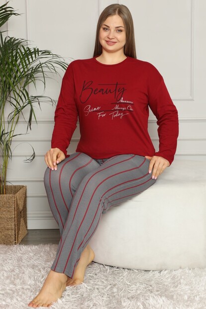 Beauty Baskılı Uzun Kol Büyük Beden Battal Pijama - 2