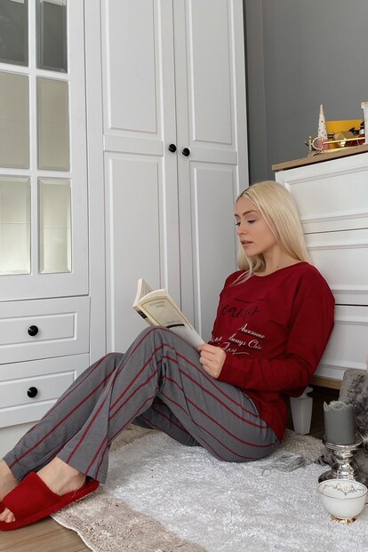 Beauty Baskılı Uzun Kol Kadın Pijama Takımı - 2