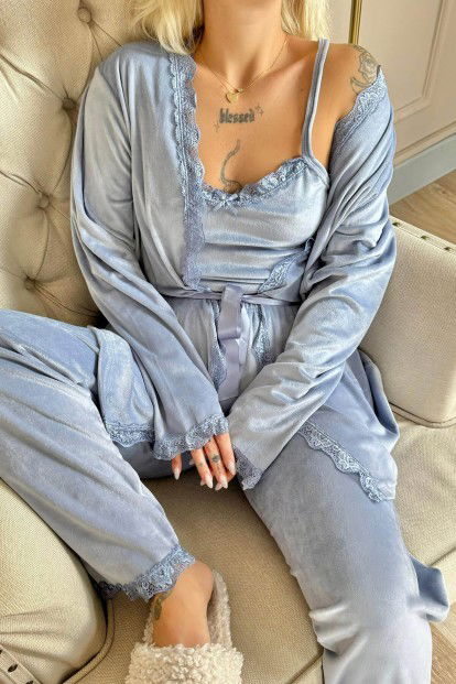 Bebe Mavi Azul Exclusive Kadife Sabahlıklı Kadın Pijama Takımı  - 5