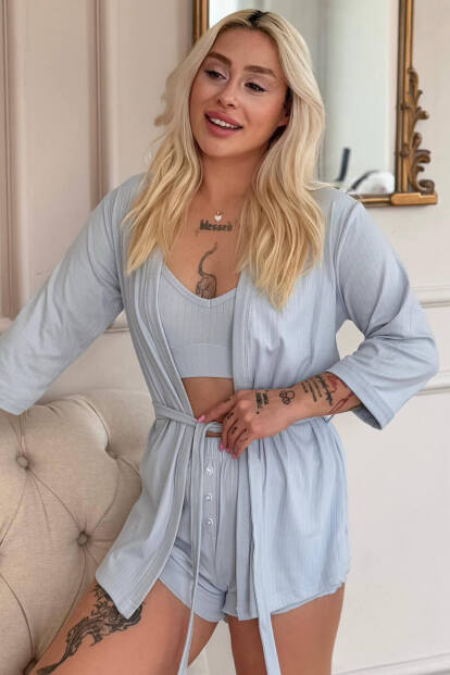 Bebe Mavi Dublin Büstiyerli Sabahlıklı Kadın Pijama Takımı 