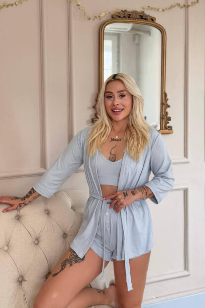 Bebe Mavi Dublin Büstiyerli Sabahlıklı Kadın Pijama Takımı - 3