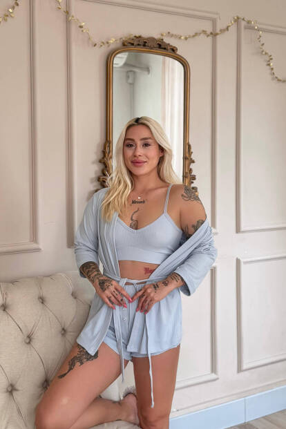 Bebe Mavi Dublin Büstiyerli Sabahlıklı Kadın Pijama Takımı - 4